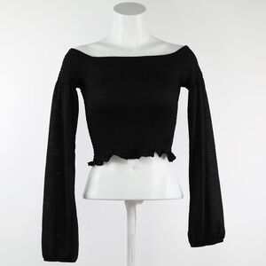 Bershka Black Shirred square neck lettuce hem‎ crop XS